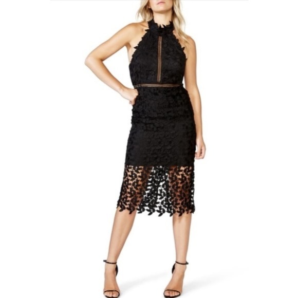 BARDOT Gemma Halter Floral Leaf Black Lace Bodycon Midi Dress Size 6 S - Picture 12 of 13